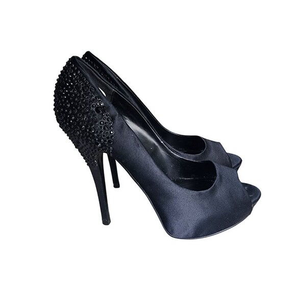Aldo Black Satin Peep Toe High Heels With Rhinestone Embellished Heel Size 9 - Picture 3 of 14
